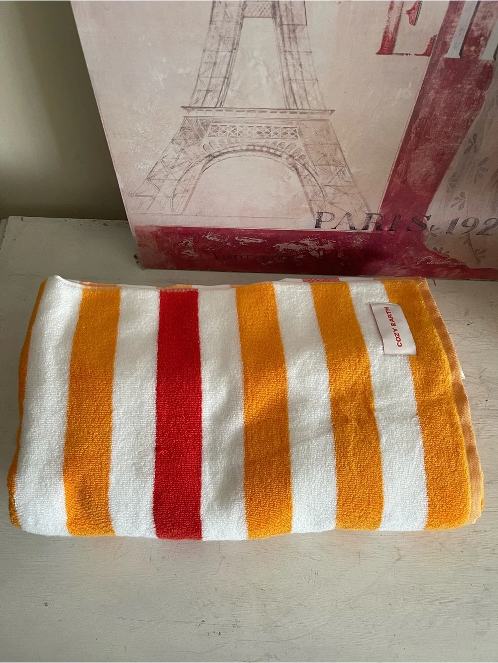 Cozy Earth Orange, Red & White Striped Towel and Candle Gift Set